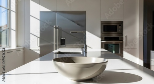 Modern kitchen with stainless steel appliances and natural light