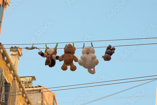 Stuffed animals hanging on clothesline in Venice