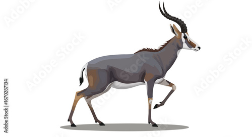A detailed illustration of a sable antelope with its distinctive curved horns and dark coat, standing on a white background.