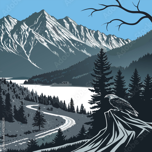 Raven On Tree With Snow Mountain Landscape And Pine Forest