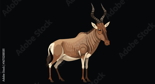 Illustration of a brown antelope with long horns standing against a black background.