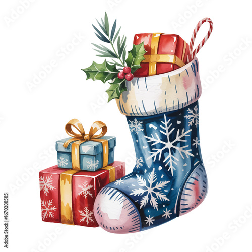 Festive Christmas stocking overflowing with gifts candy cane and holiday cheer watercolor illustration ideal for holiday cards and decorations