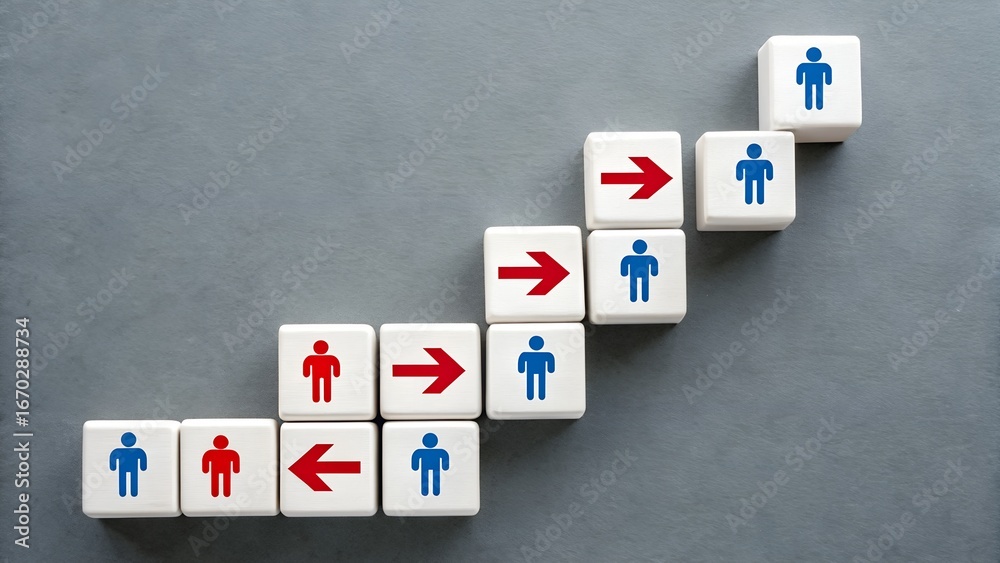 Obraz premium Progress Pathway – Career Movement and Organizational Flow, Business, Conceptual, Strategy, Abstract, White Cube