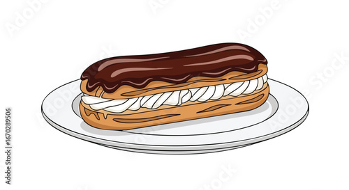 A delicious chocolate eclair filled with cream, served on a white plate.