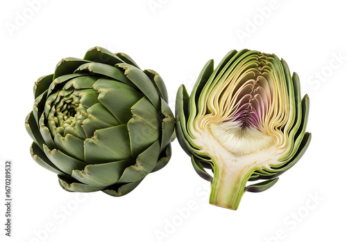 Whole and halved artichoke isolated on transparent background