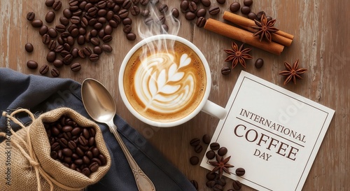 International Coffee Day Celebration with Hot Coffee Cup and Beans
