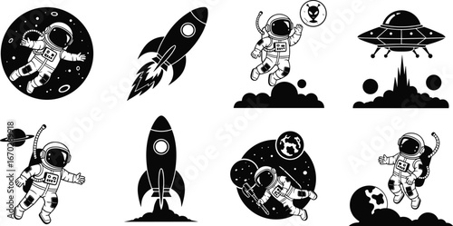 Astronauts in space, rocket launch, UFO encounter, alien planet, space travel, galaxy exploration, cosmic adventure, outer space journey, sci-fi
