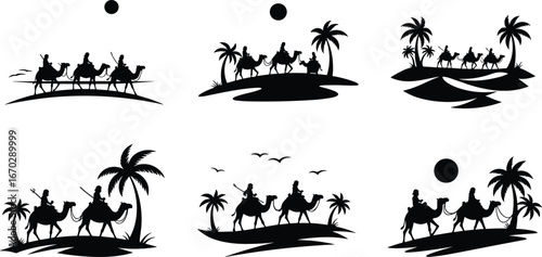 Camel caravan in desert, traditional travel, nomadic journey, sunset ride, palm trees, Arabian landscape, cultural heritage, sand dunes, peaceful adventure