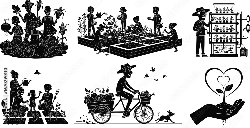 Fototapeta premium Family gardening, community garden, urban farming, hydroponic system, vegetable growing, sustainable agriculture, outdoor gardening, kids gardening, garden watering, bike delivery