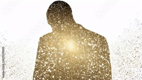 Silhouette Person With Golden Particles Against White Background A Dreamy And Luxurious Visual Effect