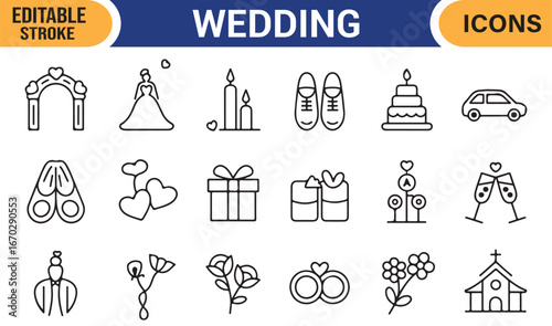 Set of wedding icons including bride gown, wedding arch, rings, and decorations for design.