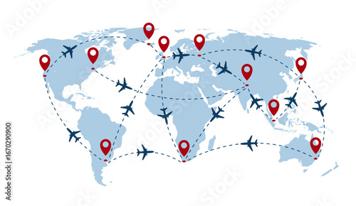 Airplane route world map with red pins and track lines