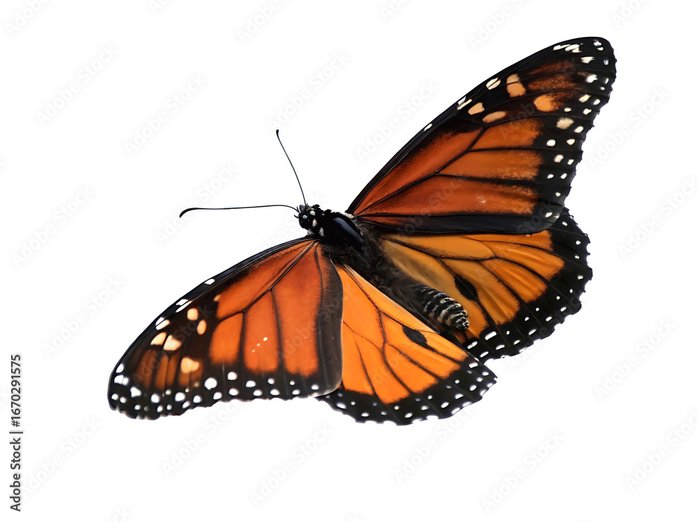 Obraz premium Majestic Monarch Butterfly Isolated on Black Background Showcasing Intricate Wing Patterns and Vibrant Colors Perfect for Nature and Wildlife Enthusiasts