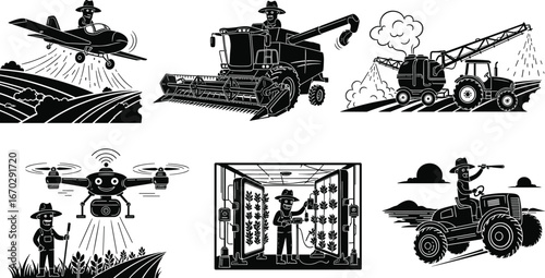 Modern farming technology, drone agriculture, tractor farming, harvester machine, precision farming, indoor vertical farming, smart farming, automated irrigation, crop spraying, farmer working field