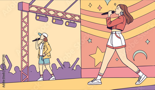 Illustration vector of Kpop fashion stage. idols of Koreans performing. K-pop female fashion idol. female singer who is singing wearing beautiful clothes