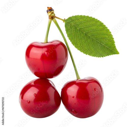 Three ripe red cherries with a green leaf isolated on transparent background