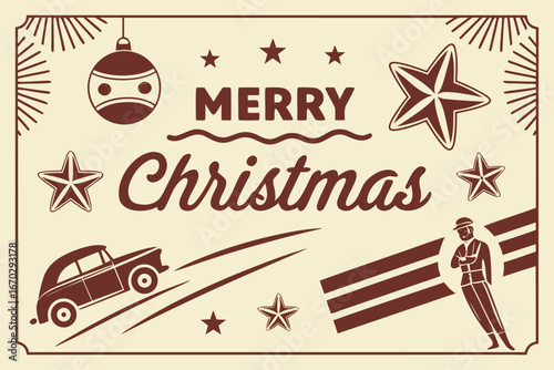 Vintage Art Deco Style Merry Christmas Vector Illustration
