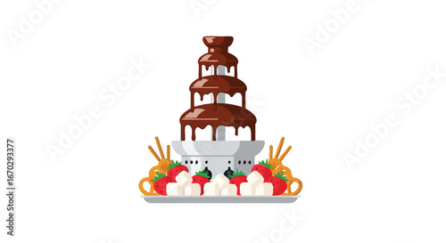 A delicious chocolate fountain cascading with melted chocolate, surrounded by fresh strawberries, marshmallows, and pretzel sticks on a platter.