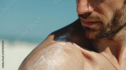 Man applying sunscreen to his shoulder on a sunny day.