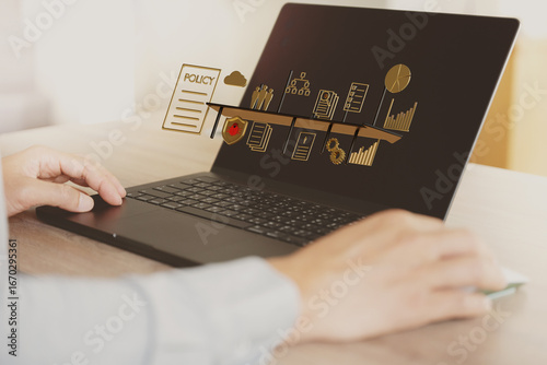 The image conveys that businesspeople or employees are working using policies to oversee business operations.