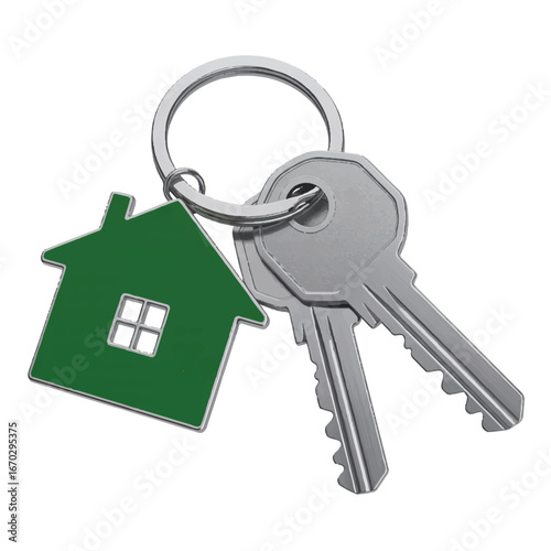 House keys with green house shaped keychain new home real estate concept isolated on white background