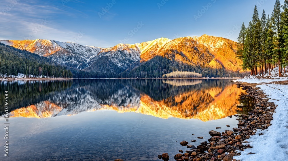 Naklejka premium Snowy mountain lake with crystal reflections, pine trees along shoreline, golden sunrise casting a warm glow, high-resolution landscape photography.