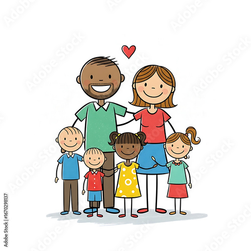 A diverse and happy family of six, including parents and four children, smiling together with a heart symbol above them, isolated on white background
