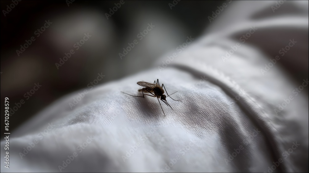 Obraz premium Mosquito on white shirt sleeve indoor invasion theme