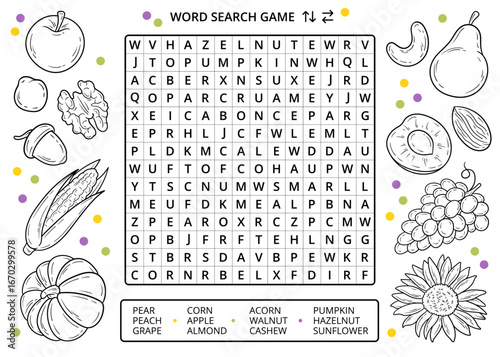 Harvest word search puzzle game with line drawings worksheet. Food fun activity for learning English vocabulary. Educational game for children and adults. Fruits line art drawing elements, doodles