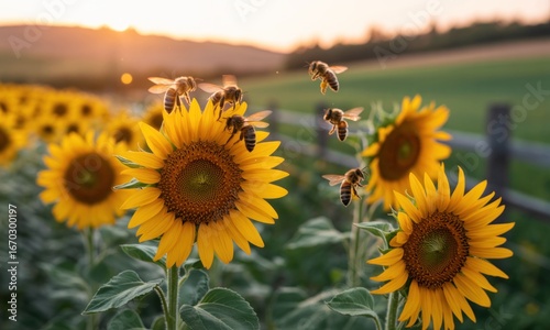 Honeybees flit amongst sunflowers at sunset
