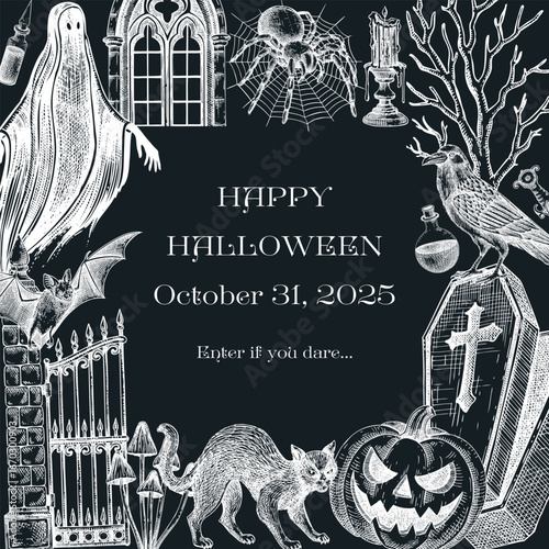 Vintage Halloween card design. Hand-drawn vector illustrations. Gothic party invitation template. NOT AI generated