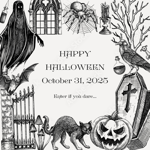 Halloween card design. Hand-drawn vector illustrations. Gothic party invitation template. NOT AI generated