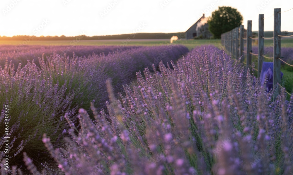 Obraz premium Lavender field at sunset, rows of purple flowers stretching to a rustic farmhouse beyond a wooden fence