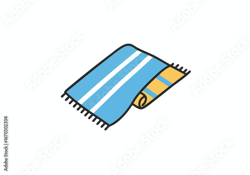 A blue and yellow striped beach towel with fringe, partially rolled up.