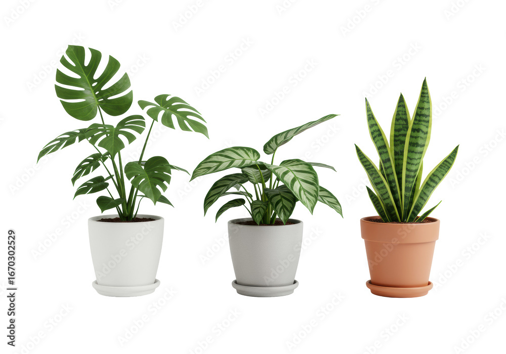 Fototapeta premium Three vibrant Monstera, Calathea, Sansevieria houseplants in modern pots, transparent studio background, soft high-key lighting, emphasizing natural well-being concept