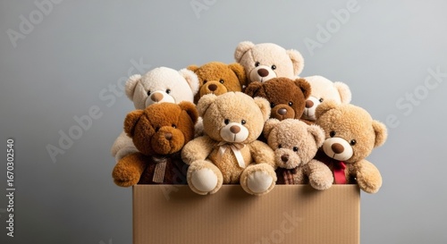 A group of adorable brown and beige teddy bears peeks out from a cardboard donation box against a plain grey studio background.