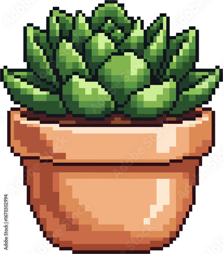 A pixelated illustration showcasing a vibrant green succulent plant growing in a terracotta pot, a simple design.