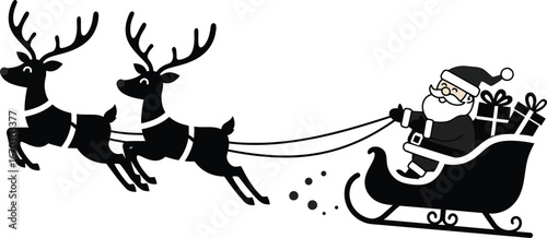 Santa Claus rides in a sleigh pulled by two reindeer, delivering gifts.