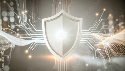 Security shield protecting digital data flow with illuminated lights and circuit board background representing internet security and data safety on neutral backdrop.