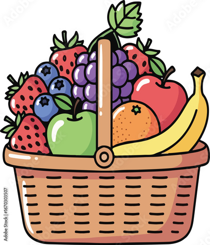 Delightful assortment of fresh and vibrant fruits in a wicker basket, a charming VECTOR illustration ideal for healthy food and lifestyle projects