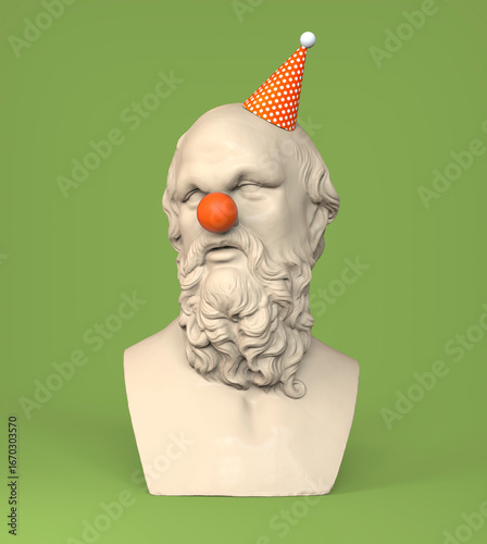 Statue of Socrates, bust of Socrates with a red clown nose and hat. 3D rendering.