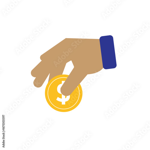 Transaction icon. money. Hand giving dollar coins. paying, economy, dollar. Flat design style.