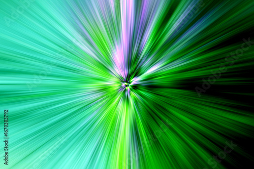 Abstract surface of radial blur zoom with vivid green and purple light rays bursting outward, creating a dynamic energy explosion effect on a bright background.