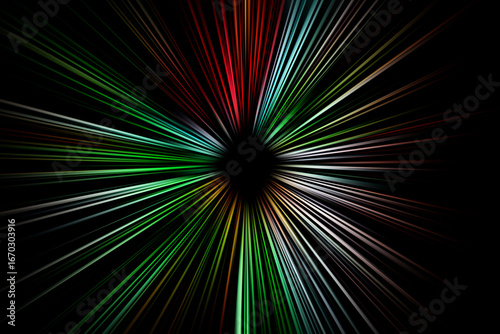 Abstract surface of radial blur zoom with diamond shape center, featuring vivid red, green, and white light rays on black background, futuristic dynamic motion effect.