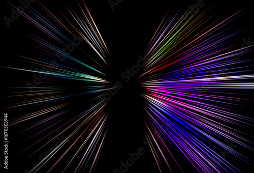 Abstract surface of radial blur zoom with vibrant streaks of light in blue, purple, red and green tones on black background, creating a futuristic energy burst effect.