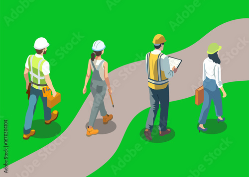 Builders and Architects Walking Away, Isometric Green Background