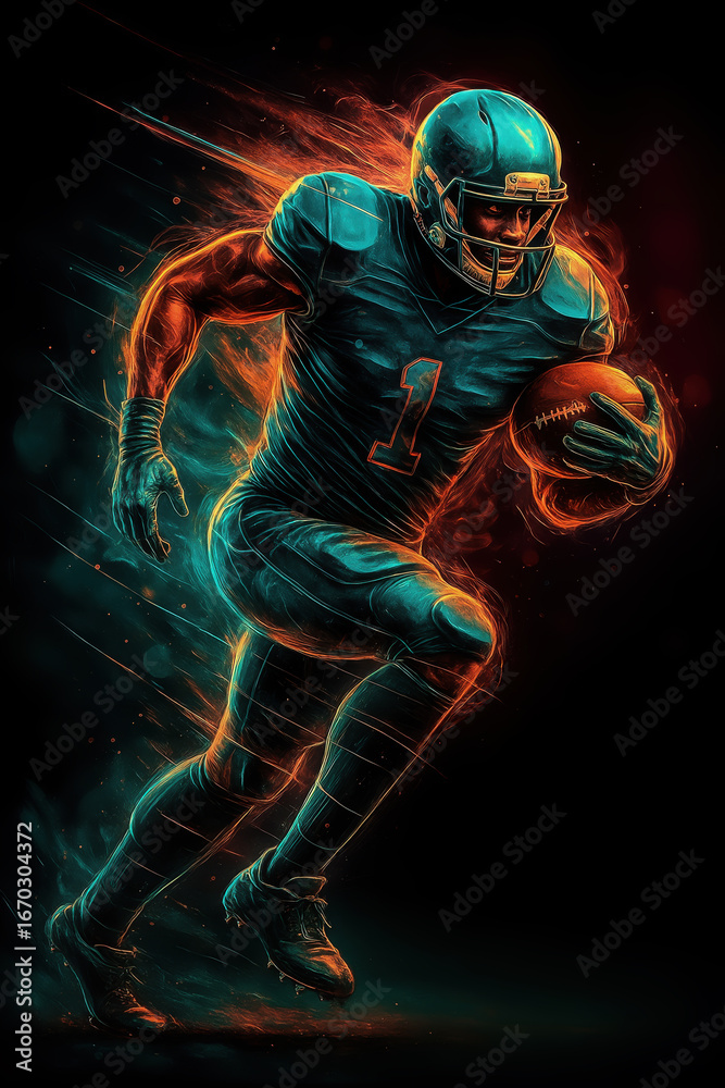 Fototapeta premium American football player running with ball in dynamic glowing colors. Concept of speed, determination, strength, and competitive energy in modern sports performance.