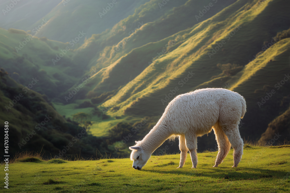 Naklejka premium White alpaca grazing on green grass in sunlit mountain valley during peaceful morning.