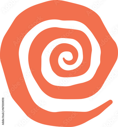 Abstract spiral seashell silhouette in flat vector style, orange marine shell illustration for ocean theme design, coastal elements, and decorative patterns. Vector illustration