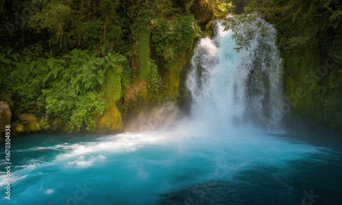 Lush waterfall cascading into a vibrant turquoise pool, surrounded by dense foliage
